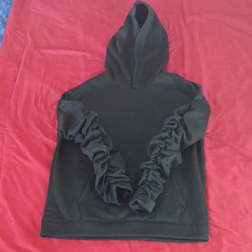 Women's Black Hoodie with Ruched Sleeves